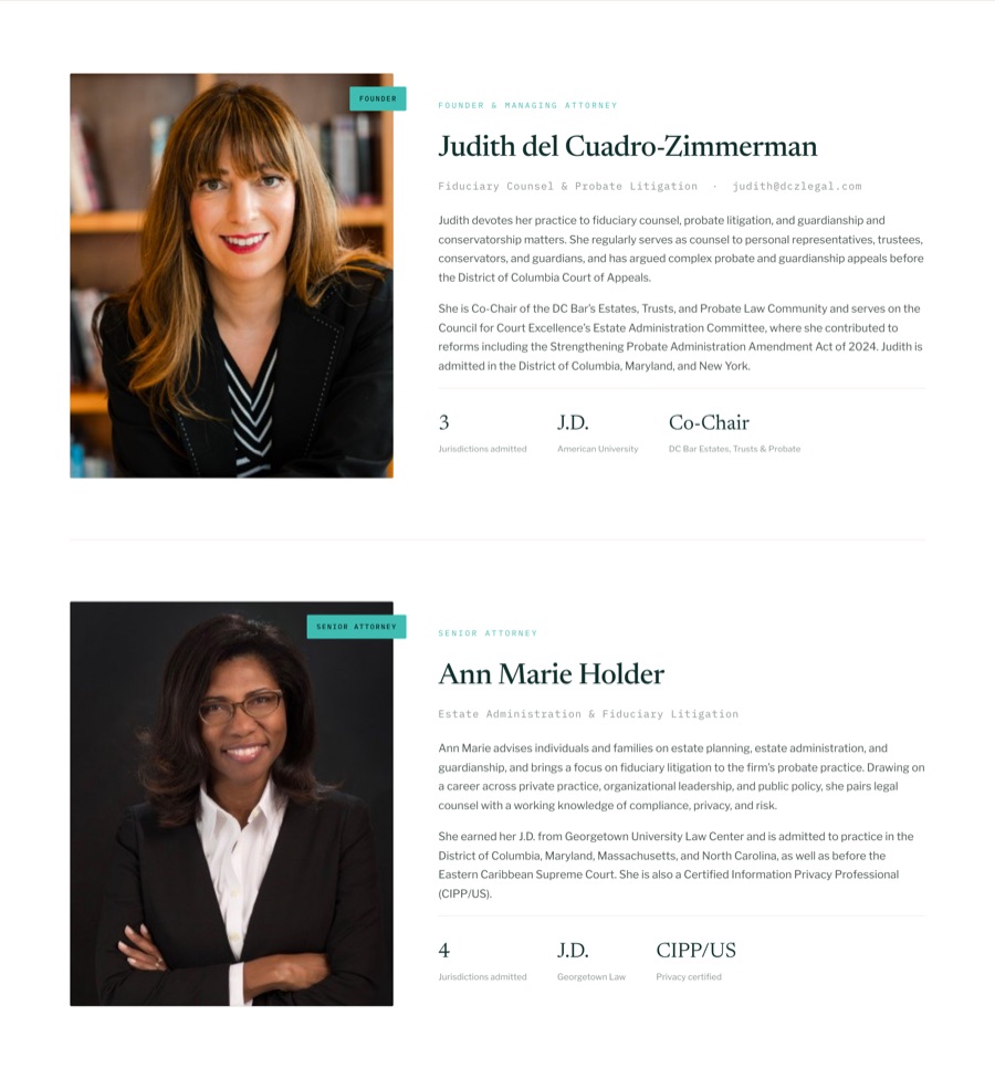 DCZ Legal attorneys page after — professional headshots, structured bios, and credentials.