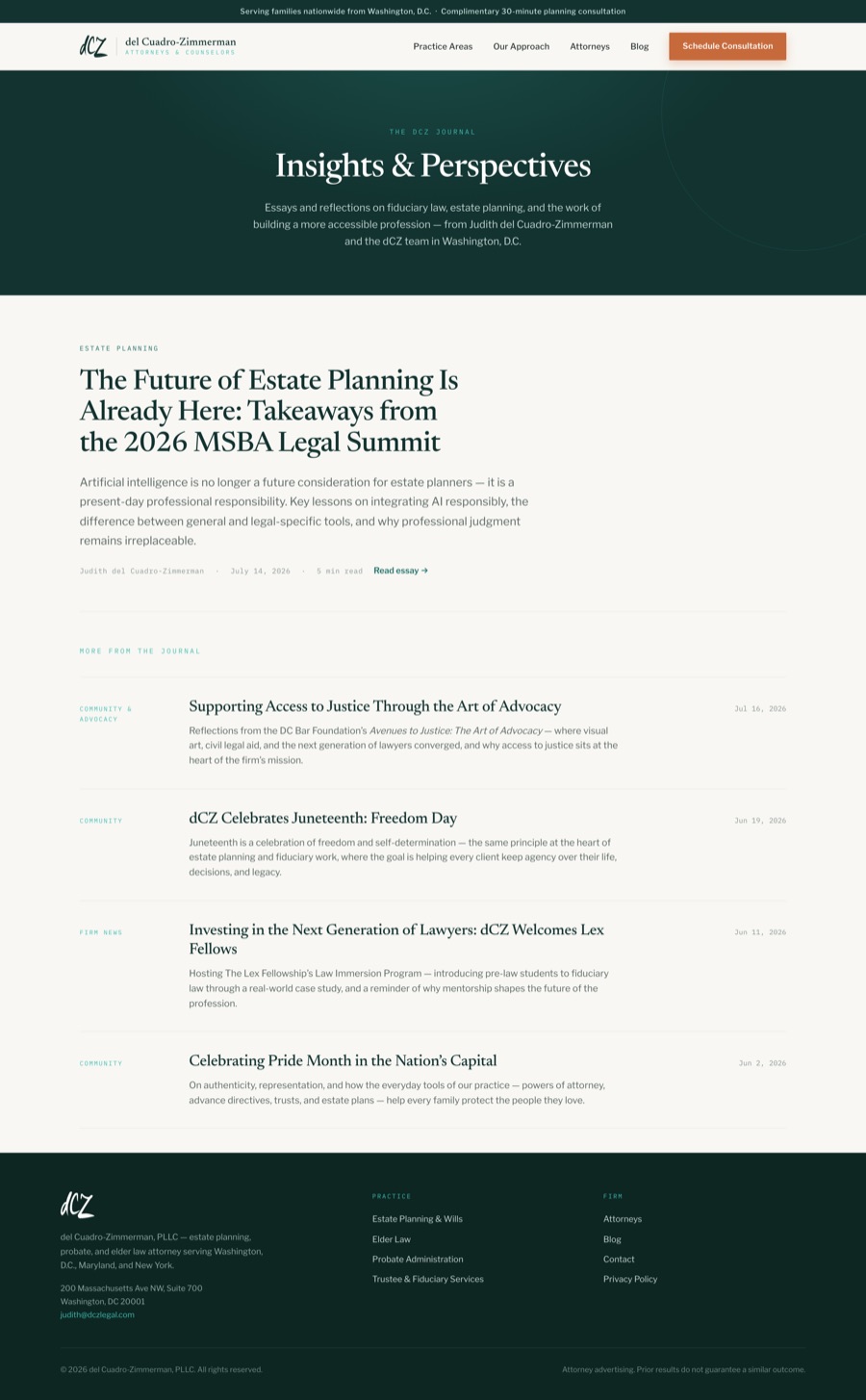 DCZ Legal insights page after the redesign — clean, structured, and built for search.