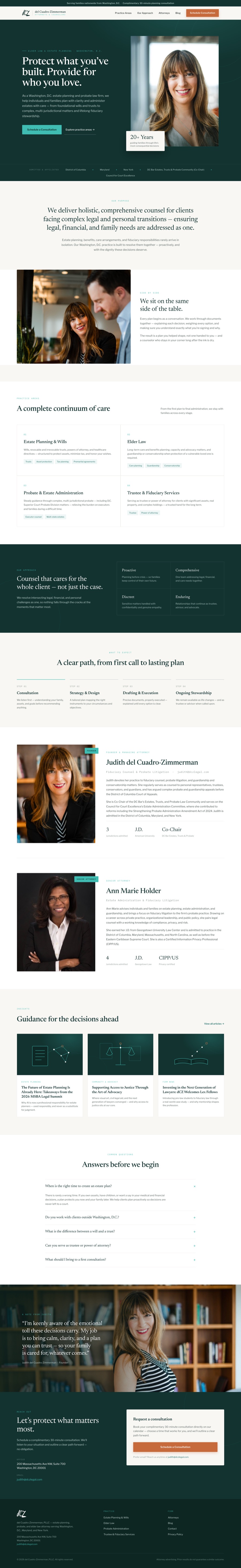 DCZ Legal homepage after the redesign — a cohesive forest-green and cream brand with a clear client journey.