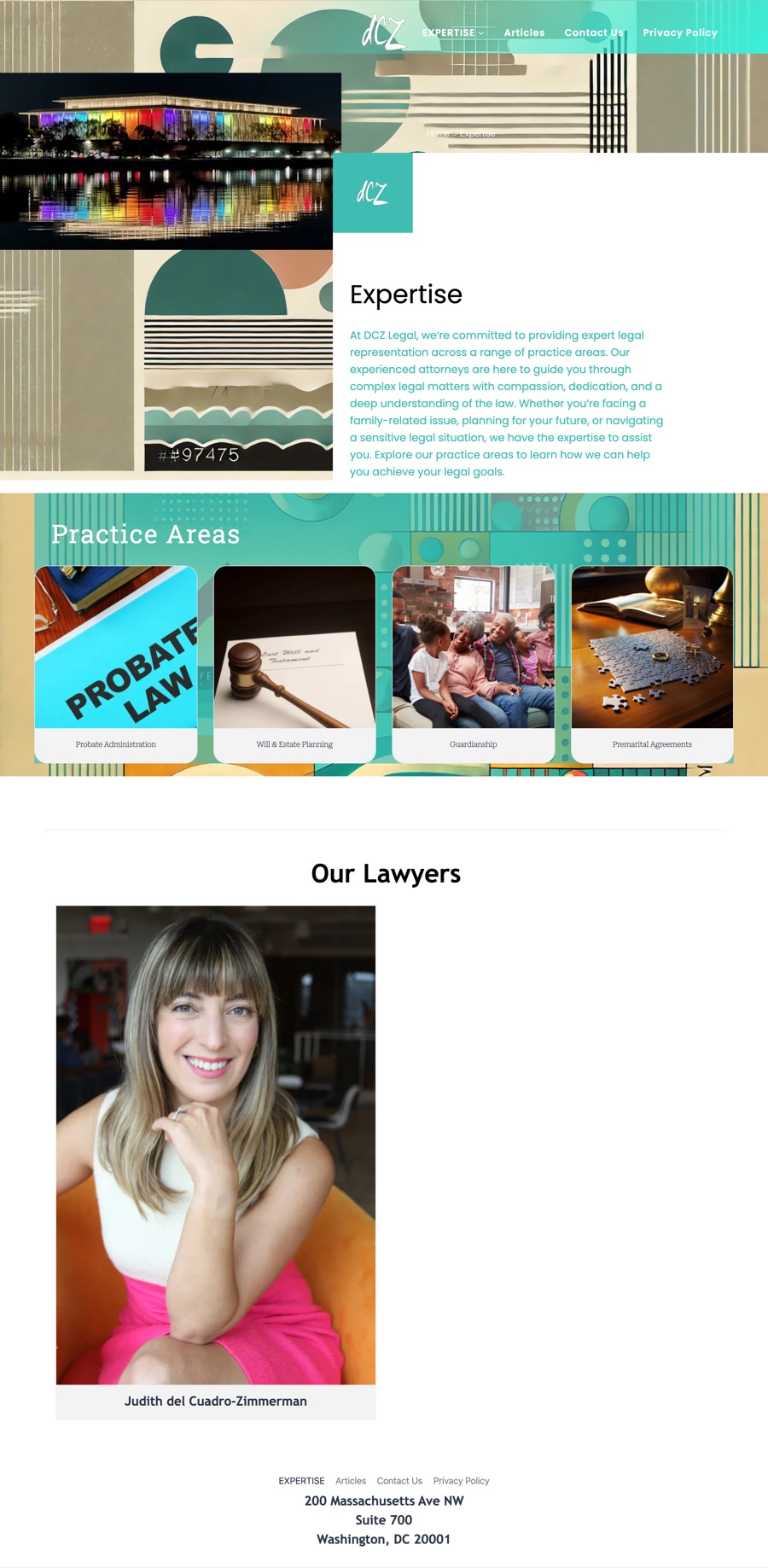 DCZ Legal expertise and lawyers page before — clip-art practice tiles and a casual attorney photo.