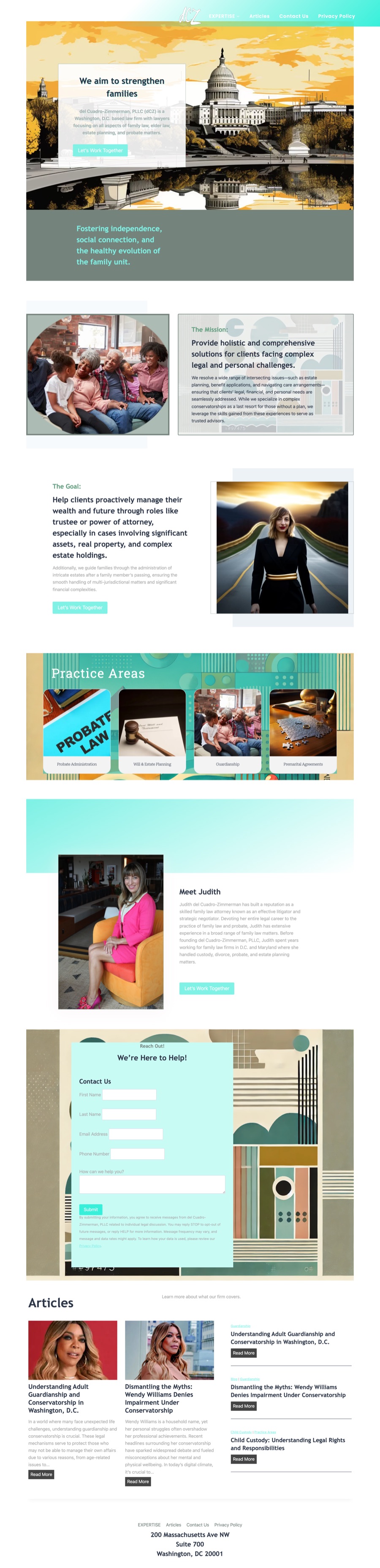 DCZ Legal homepage before the redesign — bright turquoise palette with mismatched graphics and stock imagery.